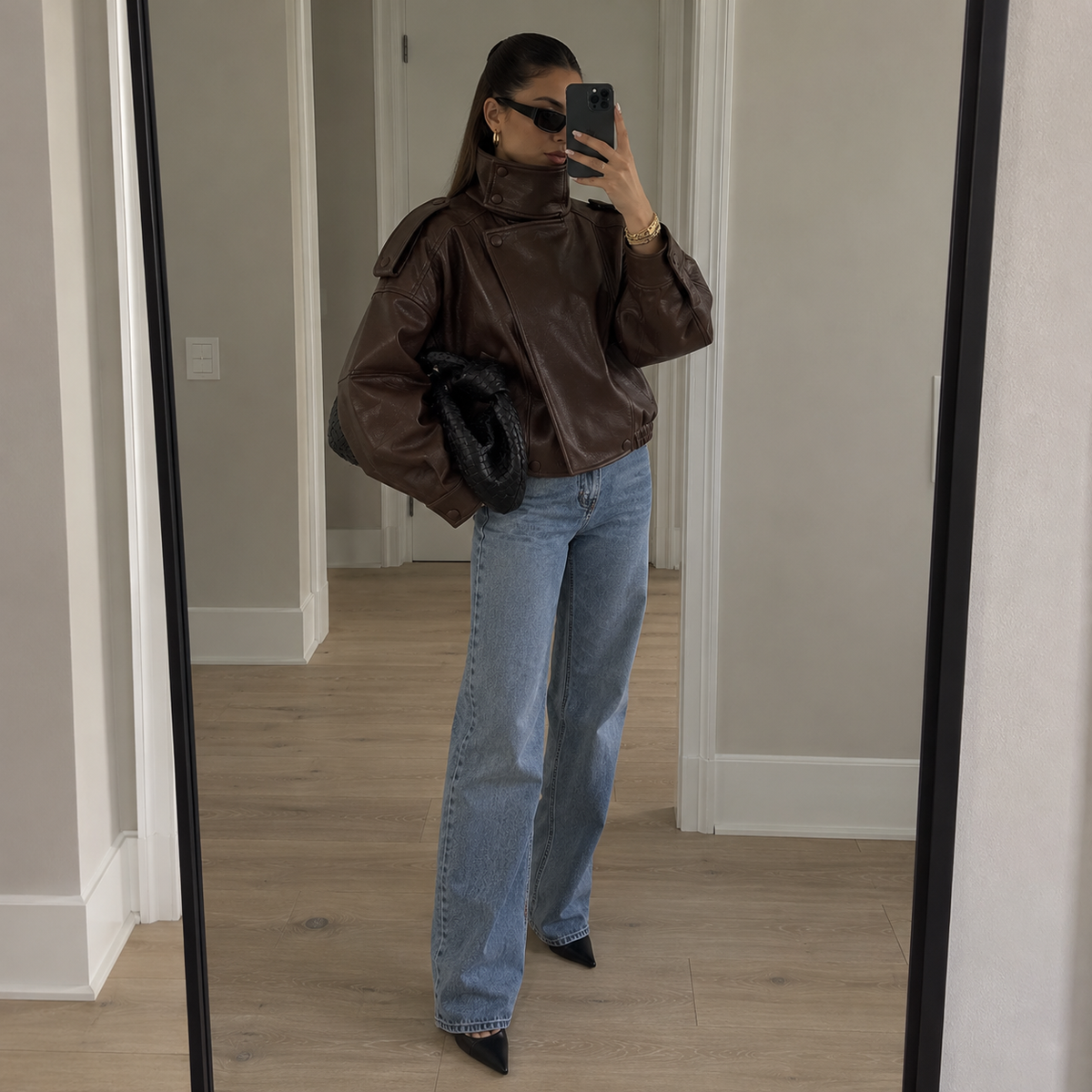 Jade Lederjacke – Kurze Bomberjacke mit Stehkragen